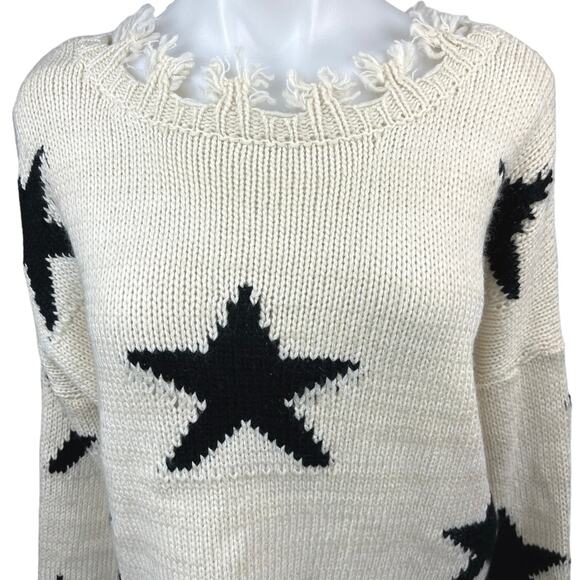 Katwalk Cream White Star Print Distressed Knit Oversize Pullover Sweater Top S/M - Picture 3 of 5
